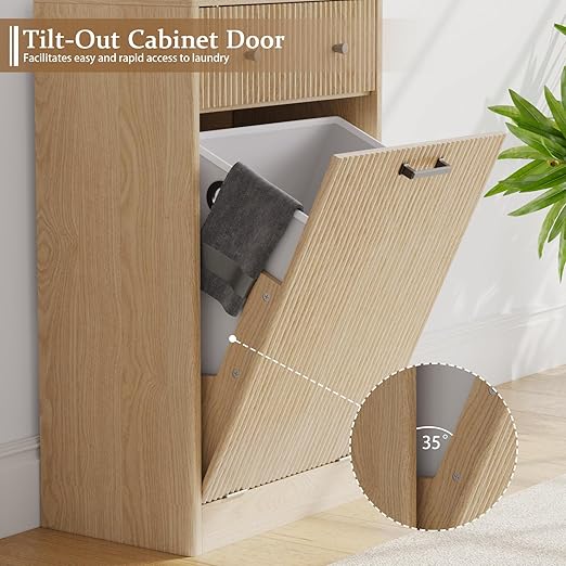 Single 10 Gallon Wood Grain Tilt-Down Trash Can Cabinet with Storage Drawer,Wood Grooved Recycling Cabinet with Wave Texture Hidden Pull-Out Trash Can for Kitchen,Bathroom (Trash Can Cabinet-Wood)