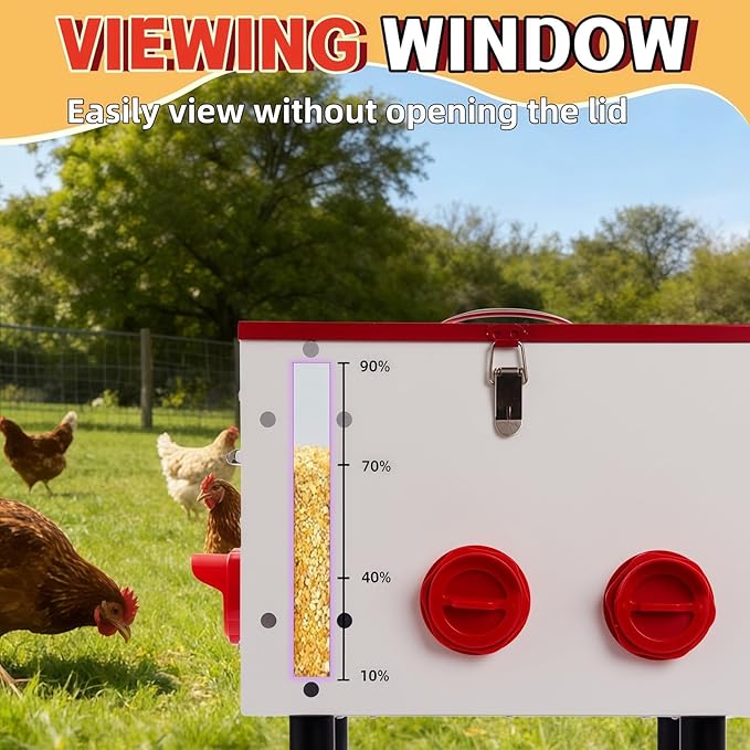 60LB Large Automatic Chicken Feeder with Viewing Window, 7 Feeding Ports,Made from Rust-Proof Metal with Adjustable Height Legs and Safety Latch Suitable for Chickens, Ducks