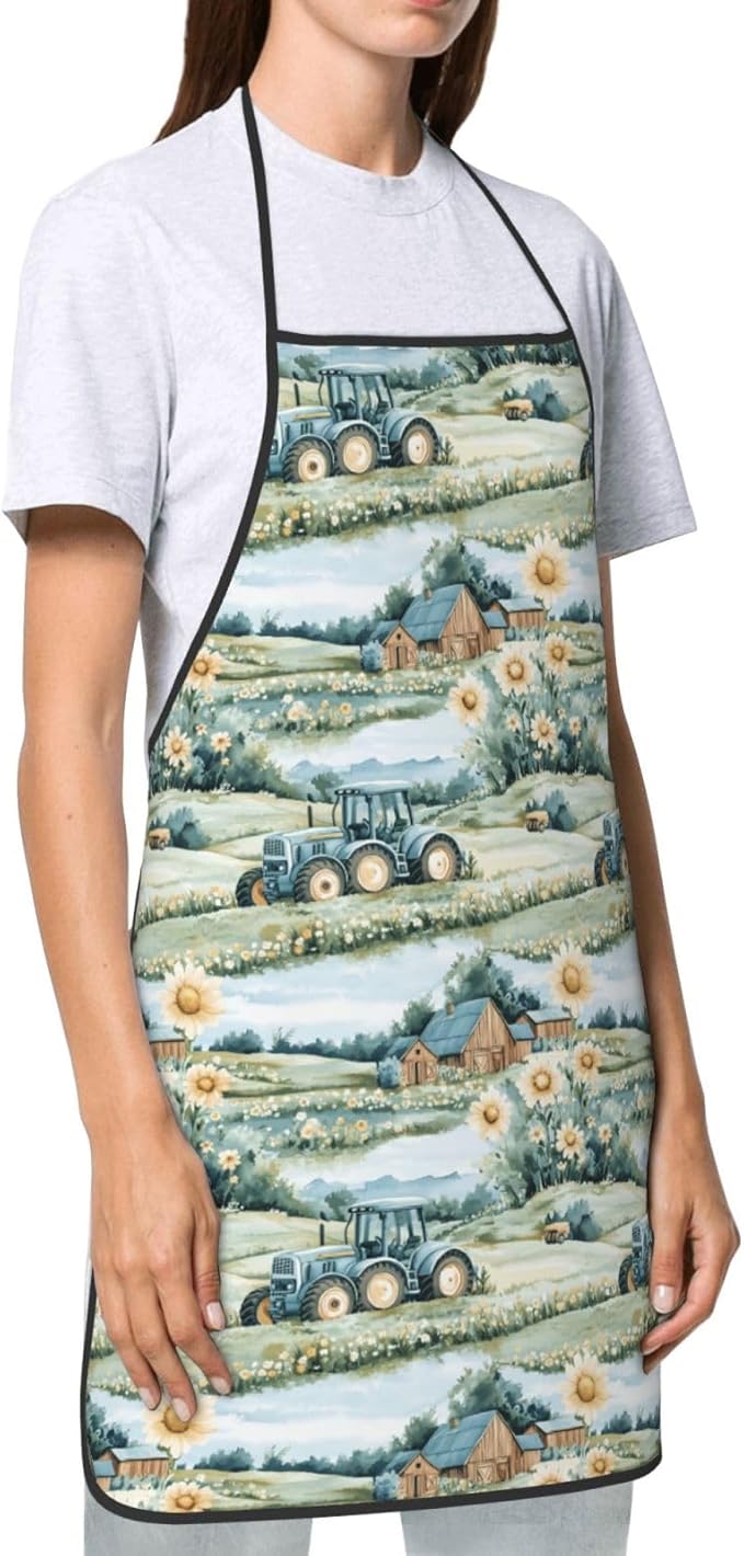 Chef Aprons for Men and Women - Country Sunflower Tractor Print Oil-Resistant Bib Aprons for Cooking or Kitchen Grilling BBQ