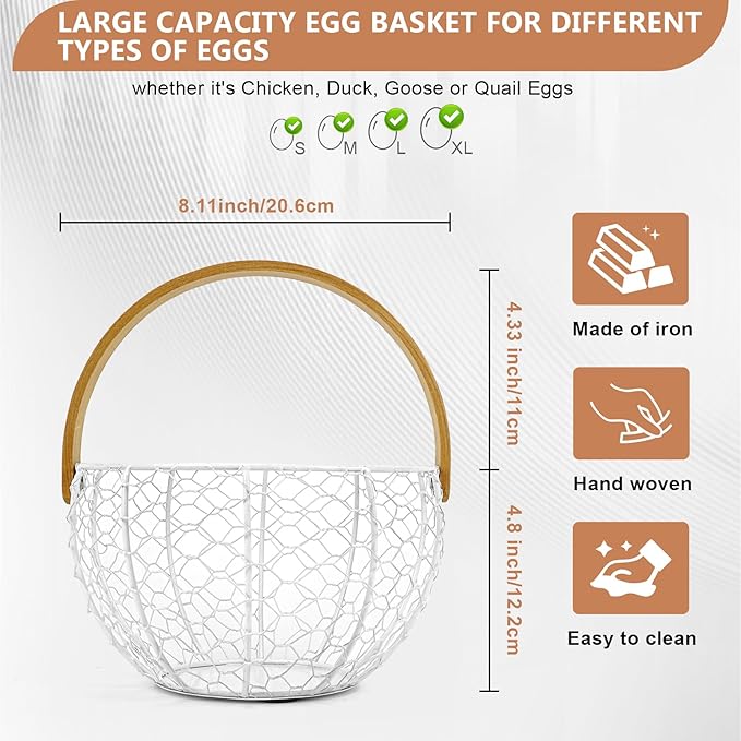 Wire Egg Basket for Gathering Fresh Egg Collecting Basket With Handle, Large Capacity Egg Holder Countertop, Metal Vintage Chicken Egg Basket for Farmhouse Kitchen Counter Decor Fruit Storage (White)