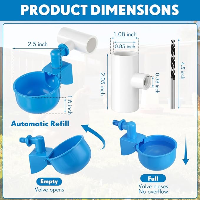 LemonRoad 30 Set Automatic Chicken Waterer Cups with 1/2" PVC Tee Fitting Chicken Drinking Bowl, Poultry Drinker Mounting Hole Opener,Water Dispenser Feeder for Duck, Goose, Turkey, Pigeon(Blue Black)