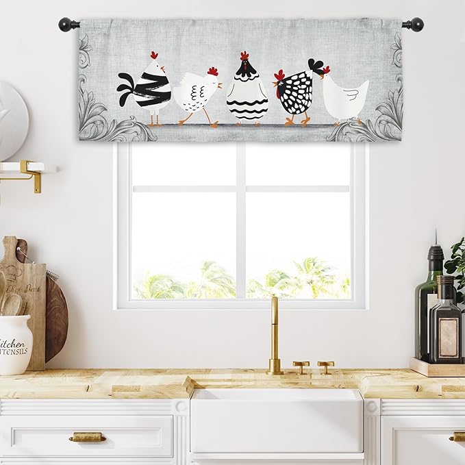 Miyotaa Rooster Chicken Kitchen Curtain Valance 54W x 18H Rod Pocket Vintage Farmhouse Rustic Retro Farm Country Rural Window Treatment for Living Room Bedroom Bathroom