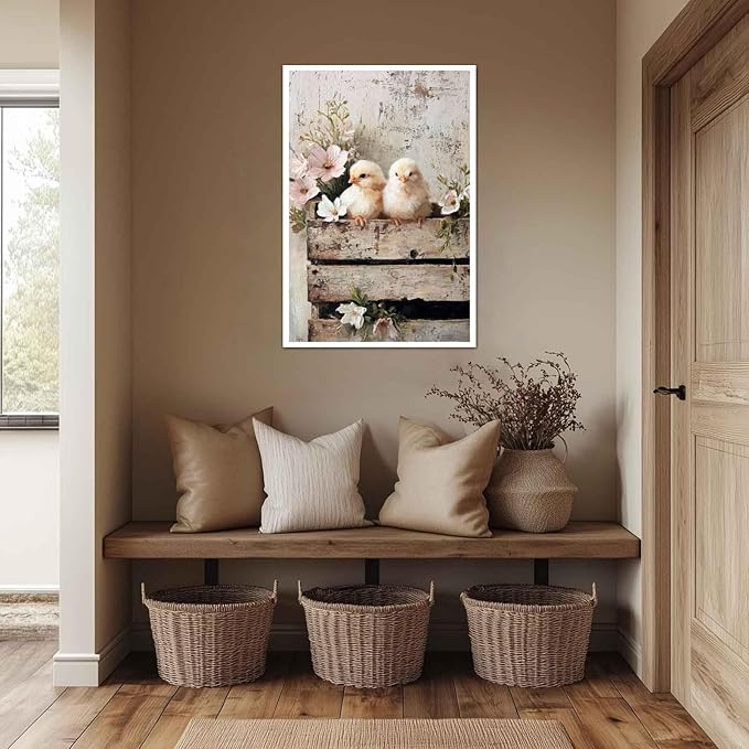 MNFGMH Farmhouse Easter Canvas Spring Chicks with Flowers Rustic Country Wall Art Spring Easter Wall Decoration Canvas Roll 24x36 inch
