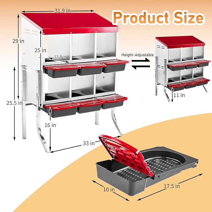 Outvita Chicken Nesting Boxes, 6 Compartments Metal Nesting Boxes for Chickens with Metal Legs, Wall/Floor Mount for Laying Eggs with Swing Perch and Roll Away Egg Collection for Chicken Coop, Red