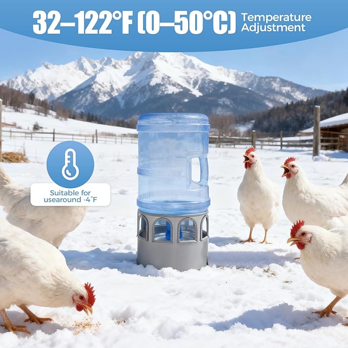5 Gallon Heated Chicken Waterer, Chicken Water Heater with Adjustable Thermostat, 50W Auto-On/Off Freeze-Proof Design, Stainless Steel, for Poultry, Pets, Indoor/Outdoor Use, 110V