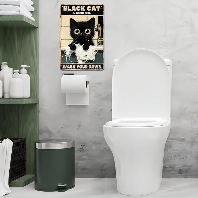 Vintage Black Cat Tin Sign Wash Your Paws Retro Wall Decor Decorations for Home Funny Cats Lovers Poster Indoor Store Cafe Toilet Bathroom Restroom Bar Pubs Farmhouse Farm Shop 12 * 8inch