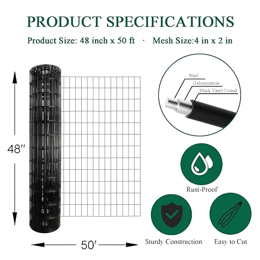 Black PVC Coated Welded Wire Fence 48 Inch x 50 Foot, 2 Inch x 4 Inch 14GA, Garden Border Fencing Roll Vinyl Coating Metal Wire Mesh Hardware Cloth for Yard Vegetable Plant Protection