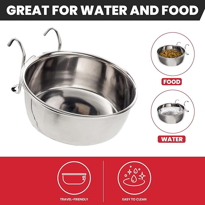 SPOT Stainless Steel Coop Cup with Wire Hooks – Durable, Chew-Resistant Food/Water Bowl for Cages & Crates, Easy Install & Removable, for Cats, Dogs, Birds & Reptiles - 20 Oz (2.5 Cups)