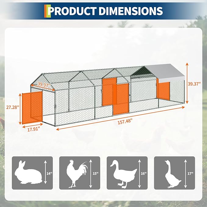 Metal Chicken Coop, 160" x40" x40" Large Chicken Run with 3 Doors, Outdoor Hen House for Yard with Waterproof and Anti-UV Cover, Walk in Poultry Cage for Rabbit Duck Goose, Silver