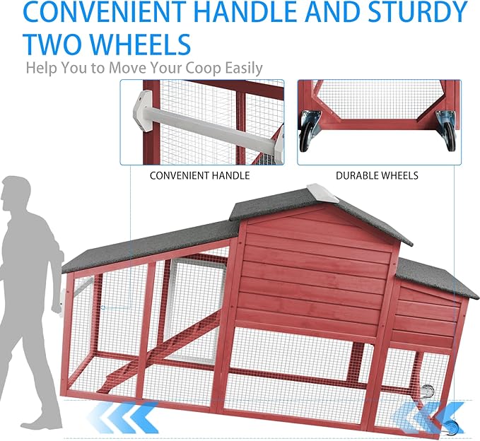 PetsCosset Chicken Coop Wooden Backyard Hen House - Indoor Outdoor for 2-3 Chickens, 2 Story Poultry Cage with Run, Chicken Nesting Box, Pull Out Trays and Anti-Slip Asphalt Ramp