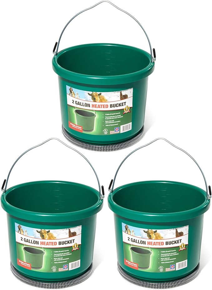 Farm Innovators HB-60 9 Quart 2 Gallon Plastic Heated Bucket w/Metal Handle, Built in Thermostat, & Anti Chew Cord Protector, 60 Watt, Green (3 Pack)