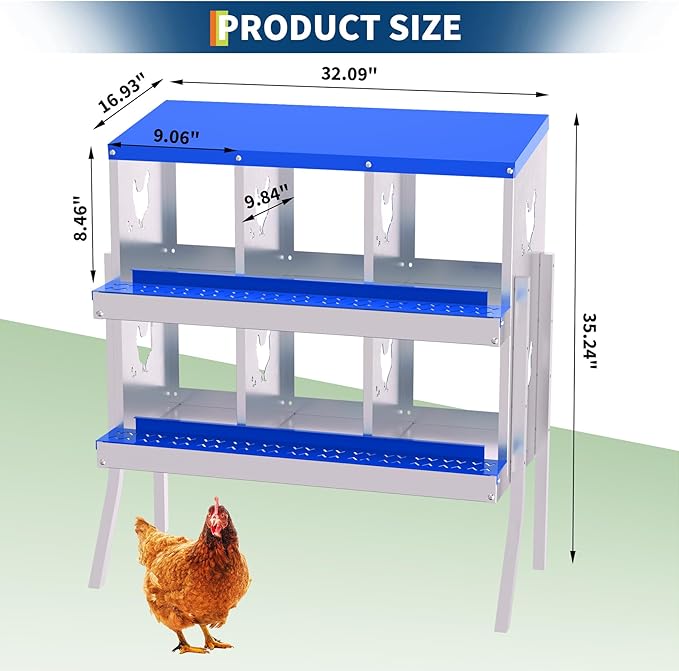6-Compartment Chicken Nesting Box with Removable Tray - Metal Laying Boxes for Hens - Egg Rollaway Design, Wall Mount Farm Fresh Egg Collector, Hen Roosting Boxes for Chicken Coops