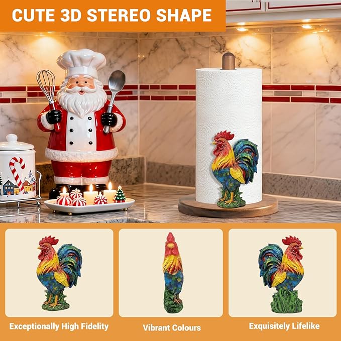 Rooster Paper Towel Holder - Modern Chicken Decor for Farmhouse Kitchen Bathroom Countertop - Gifts for Women Mom Grandma - 3D Cute Stuff Decorative Accessories