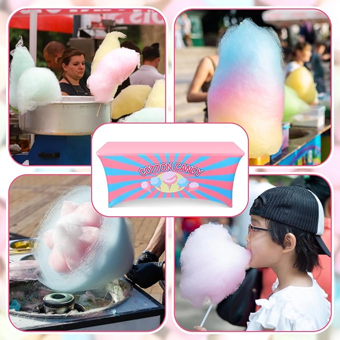 Oudain 6 ft Cotton Candy Stand Tablecloth Elastic Spandex Table Cover Cotton Candy Shop Pink Blue Banner Sign Table Cloth for Business Advertising Carnivals Party Outdoor Concession Stand