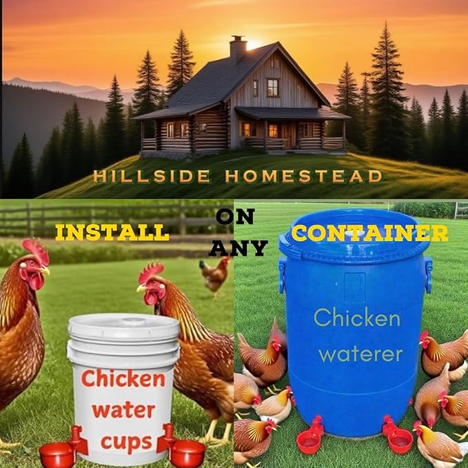 Chicken water cups by Hillside Homestead 8pk + Free Extras | Leak Resistant Automatic Chicken Waterer Cups for Baby chick supplies & Other Poultry | Fits 5 gallon buckets & DIY chicken water dispenser