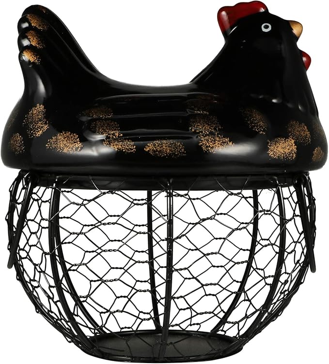 Cabilock Metal Wire Egg Basket Egg Holder Organizer Case with Ceramic Farm Chicken Top Container for Easter Party Gathering Fresh Eggs Storing Fruit Snack