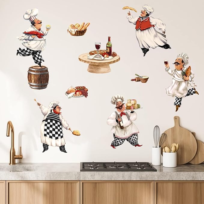 Mfault Italian Fat Chefs Wall Decals Stickers, Funny Cooker Baker Food Cooking Decorations Kitchen Art, Home Dining Room Restaurant Decor