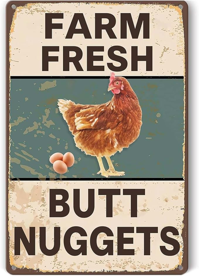 Funny Chicken Gifts for Chicken Lovers, Retro Farm Fresh Butt Nuggets Tin Sign, Vintage Metal Wall Decor for Chicken Coop, Farmhouse Kitchen, Garden, Bar, Man Cave