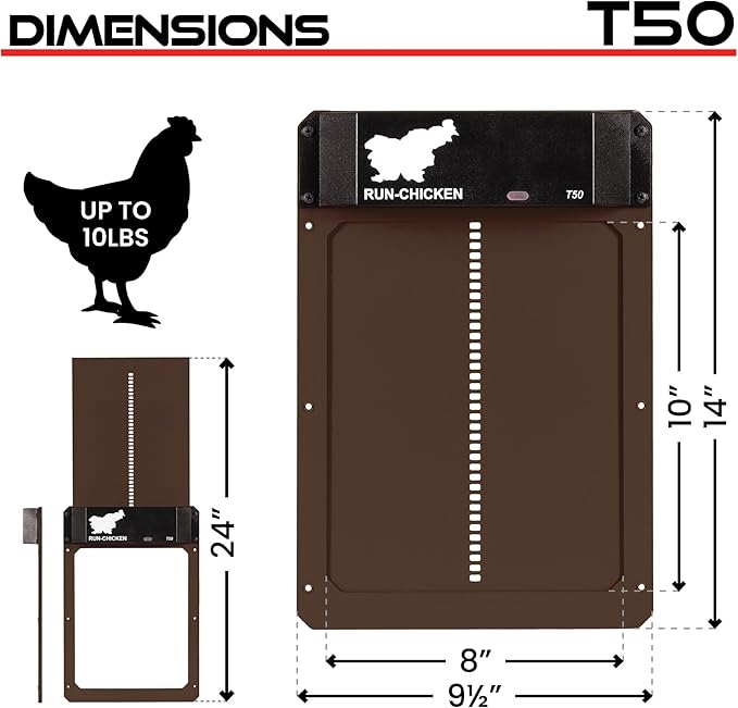 RUN-CHICKEN Door T50 – Automatic Chicken Coop Door Opener, Battery Powered & Weatherproof Aluminum, Smart App & Timer Control, Predator Proof, Easy Install, Reliable All-Season Performance (Brown)