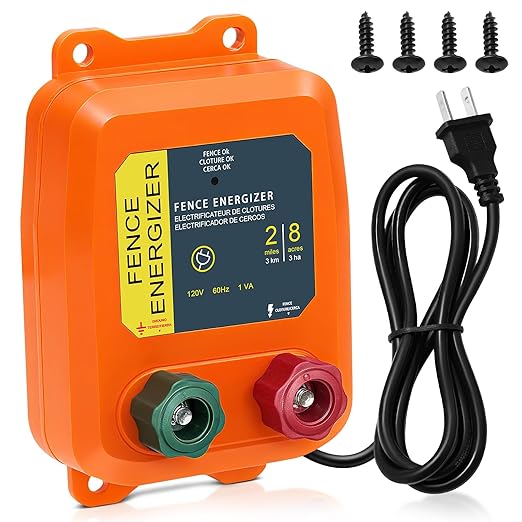 2 Mile AC Powered Low Impedance Electric Fence Charger，0.10 Joule Plug-in Electric Fence Energizer，Contain Small Animals, Keep Out Pests and Wildlife Invasion