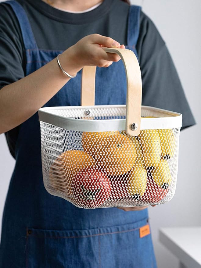 Metal Mesh Steel Basket, Storage Organizer Basket Multi-functional Hanging Kitchen Baskets Fruit Basket Bin with Bamboo Handle for Kitchen Bathroom Picnic Shopping Decor Cabinet Home, White