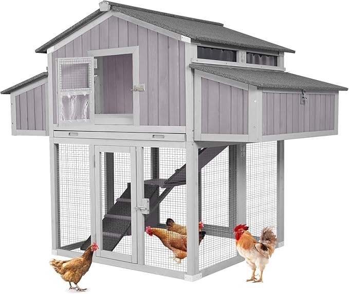 Large Chicken Coop for 6-8 Chickens, Double Folding Wooden Chicken House with 2 Nesting Boxes, Reinforced Iron Frame, Pull-Out Tray & Waterproof Roof, Outdoor Poultry Cage