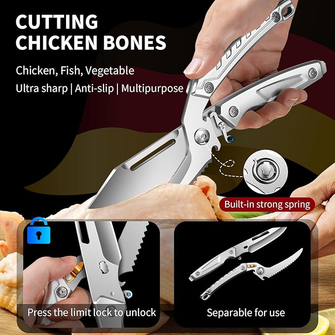 Poultry Shears, Kitchen Scissors for Food, All Purpose Heavy Duty for Chicken Wing/Thigh/Bone, Meat, Quail, Fish, Turkey, Vegetables, Stainless Steel Cooking Aid Scissors, Dishwasher Safe, Separable