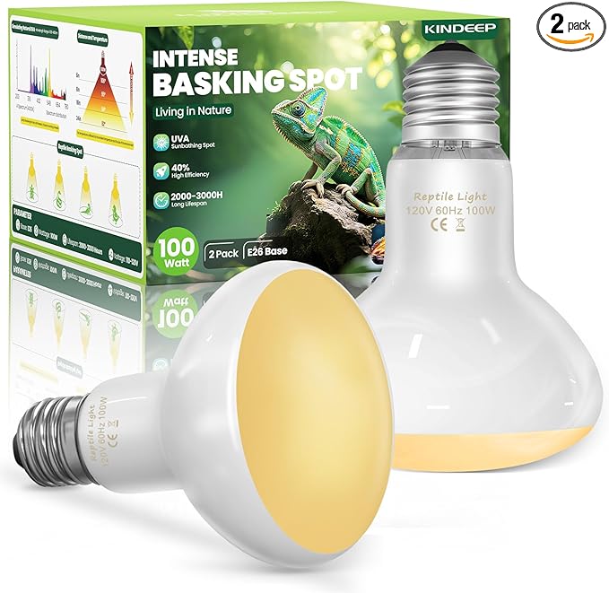 KINDEEP Reptile Basking Light Bulb: 100W Reptile Heat Lamp 2 Pack UVA Daylight Basking Bulb for Amphibian Bearded Dragon Lizard Tortoise Turtle Snake Chicken Pets Heating