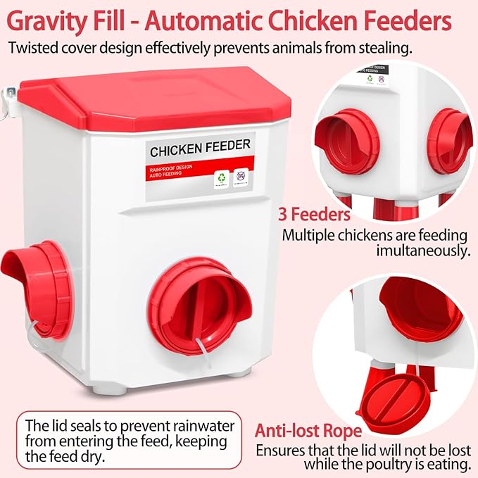 Chicken Feeder and Waterer Set, Chicken Coop Accessories with Hanging Chicken Feeder and Hanging Chicken Waterer Kit No Waste, 3 Gallon/26 Pounds, Red