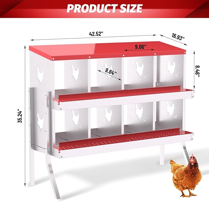 Chicken Nesting Boxes, 8-Compartment Metal Egg Laying Box with Swing Perch and Secure Lid – Versatile Wall Mount or Free Standing Suitable for Various Chicken Breeds - red with Leg