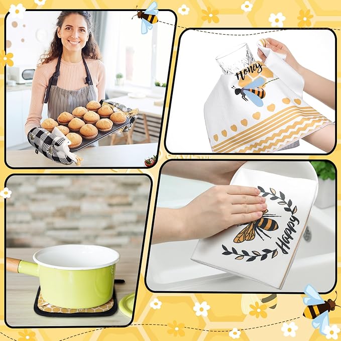 10 Pcs Bee Kitchen Dish Towels Rugs Oven Mitts and Pot Holders Set Farmhouse Kitchen Decor Set for Women Mom Daughter Gift Cooking Baking Grilling (Cute Yellow Black)
