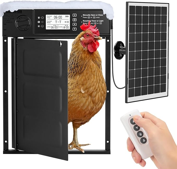 Automatic Chicken Coop Door Solar Powered, Cold Weather Electric Chicken Door Large Size Aluminum Door with Light Sensor & Timer with Power Off Emergency Mode Black