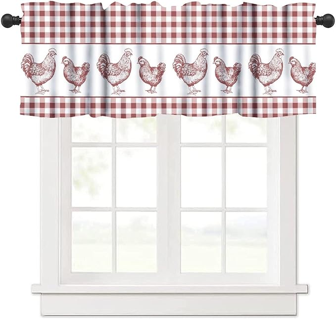 Rooster Valance Curtains Rustic Farmhouse Animals Retro Red White Buffalo Plaid Rod Pocket Curtain Valance for Kitchen Bedroom Living Room Decor 1 Panel W54xL18 Inch