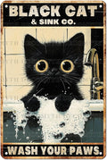 Vintage Black Cat Tin Sign Wash Your Paws Retro Wall Decor Decorations for Home Funny Cats Lovers Poster Indoor Store Cafe Toilet Bathroom Restroom Bar Pubs Farmhouse Farm Shop 12 * 8inch