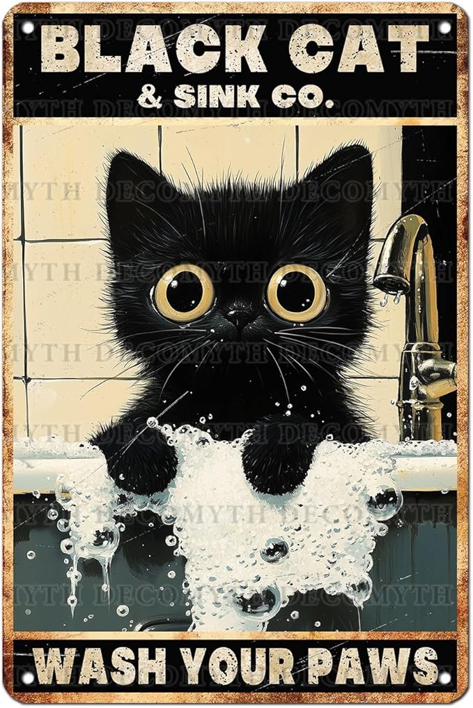 Vintage Black Cat Tin Sign Wash Your Paws Retro Wall Decor Decorations for Home Funny Cats Lovers Poster Indoor Store Cafe Toilet Bathroom Restroom Bar Pubs Farmhouse Farm Shop 12 * 8inch