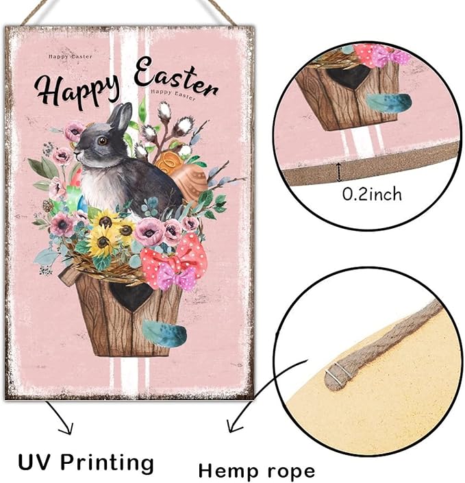 Wood Art Plaque Happy Easter Flower Basket Bunny Sign French Style Floral Pink Stripes Wood Wall Art Signs Bunny Rabbit Happy Easter Wood Sign for Bedroom 12x18in