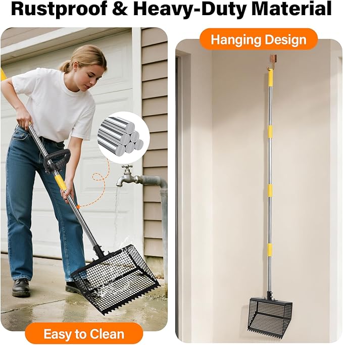 AsFrost 2-in-1 Chicken Poop Scooper & Rake,12" Heavy Duty Litter Scooper Sand Sifting Shovel for Chicken Coop & Pet Waste Cleaning, Adjustable 26" to 76" Stainless Steel Handle for Small Farm & Sand