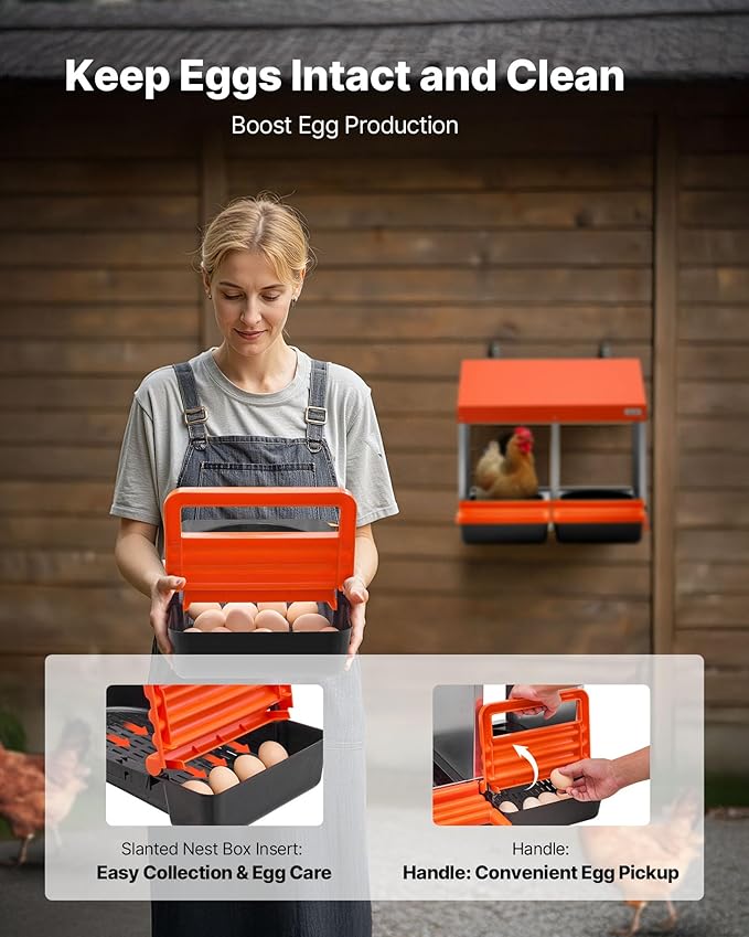 VEVOR Chicken Nesting Boxes, 2 Compartments, Easy Egg Collection, Wall Mount, Easy to Assemble, Galvanized Steel and High-Strength Plastic, Roll Away Nesting Boxes for Chickens Laying Eggs, Orange