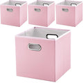 PRANDOM Leather Foldable Cube Storage Bins 13x13 inch [4-Pack] Fabric Storage Baskets Cubes Drawer with Cotton Handles Organizer for Shelves Nursery Closet Bedroom Clothes Pink
