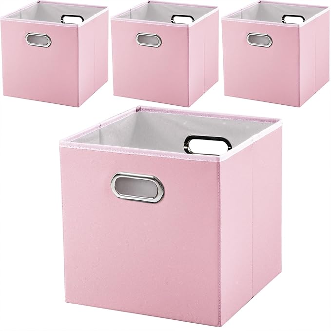 PRANDOM Leather Foldable Cube Storage Bins 13x13 inch [4-Pack] Fabric Storage Baskets Cubes Drawer with Cotton Handles Organizer for Shelves Nursery Closet Bedroom Clothes Pink