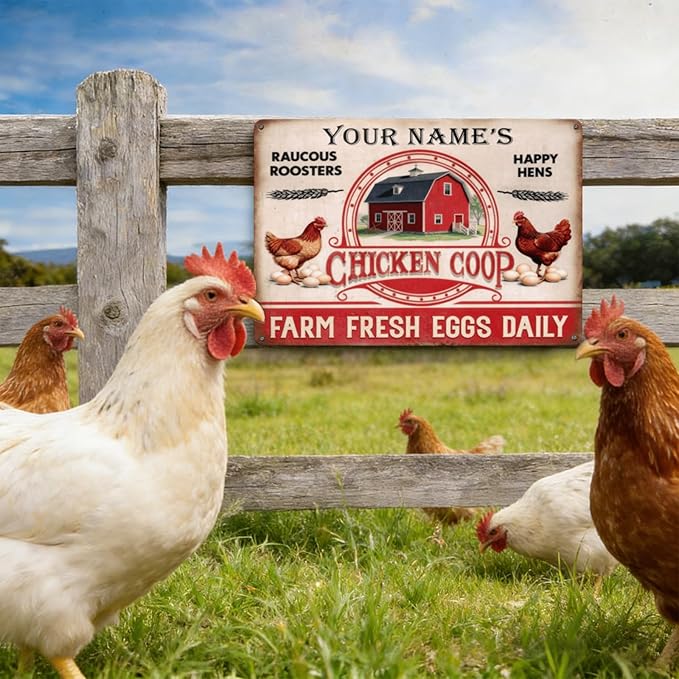 Custom Name Chicken Coop Metal Sign Raucous Roosters Happy Hens Farm Fresh Eggs Daily Vintage Rustic Tin Plaque Wall Art for Backyard Barn Homestead