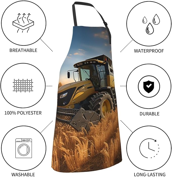Farm Tractor Harvest Waterproof Apron With 2 Pockets Adjustable Cute Kitchen Aprons Bibs For Women Men Kitchen Garden Decor