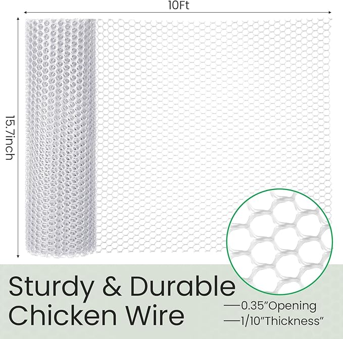 Landical 6 Rolls Plastic Chicken Wire Fencing Mesh 15.7 in x 10 ft Each Plastic Mesh Fence with Zip Ties Hexagonal Poultry Netting Garden Fencing Cat Fencing and Bird Netting(White)