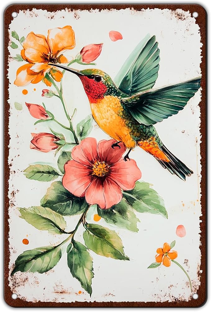Metal Tin Sign Hummingbird Watercolor Colorful Bird Metal Sign Hummingbird Art Decor Hummingbird Paradise Wall Sign 8x12 Inch