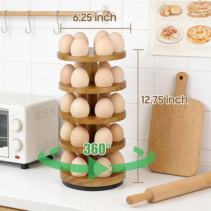 Wooden Fresh Egg Holder Countertop, 5 Layer Rotating Countertop Egg Holder for Fresh Eggs, Stackable with 30 Eggs for Countertop Kitchen-Browm