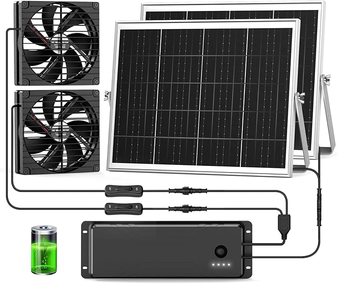 7.1" Solar Fan with Battery, 25W x 2 Large Solar Powered Rechargeable Fan Outdoor Waterproof, 25600 mAh Battery Exhuast or Intake Fans for Chicken Coop Greenhouse Dog Shed Ventilation Cooling