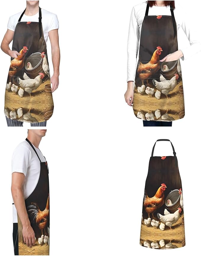 Farm Chickens Waterproof Apron For Adults With Two Large Pockets,Adjustable Neck And Waist Ties,Full-Length Bib Design-Polyester Fabric
