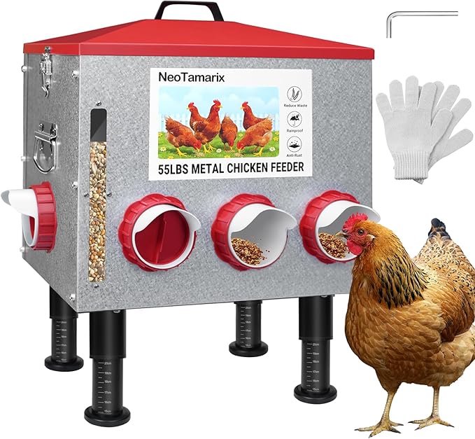 55lbs No Waste Automatic Chicken Feeder, Large Metal Poultry Feeder with 8 Feeding Ports & View Window, Weatherproof, Adjustable Height, and Locking Lid for Chickens, Ducks, Geese