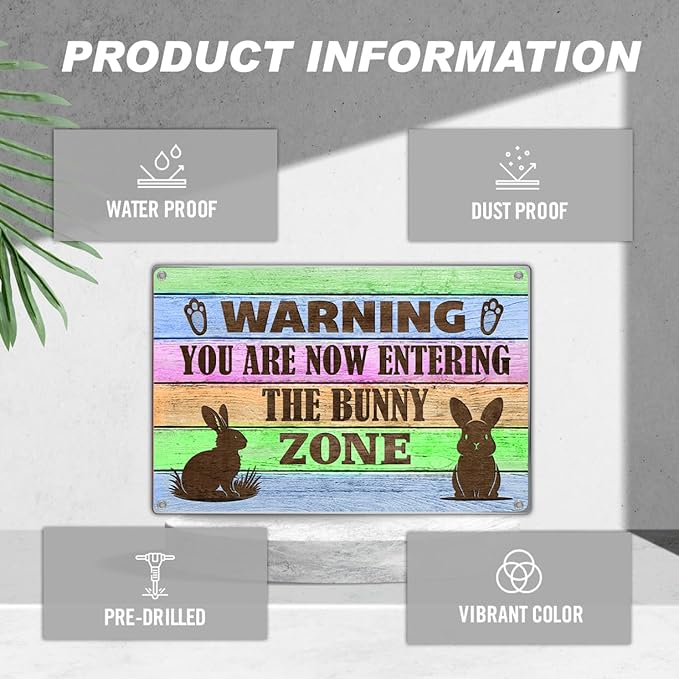 Warning Bunny Zone Metal Sign Funny Rabbit Decor For Lovers And Pet Owners Farmhouse Wall Decoration Easter Accent 12 x 8 Inch Indoor Aluminum Home Vintage Kitchen Art