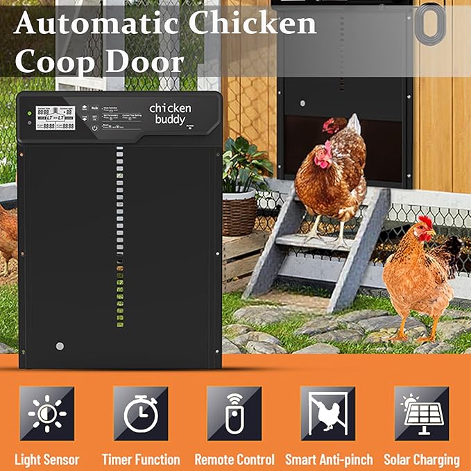 Large Automatic Chicken Coop Door Solar Powered - Aluminum Alloy Auto Chicken Door with Timer, Light Sensor, 4 Modes, LCD Display & Anti-Pinch Tech - for Chickens, Ducks, Geese